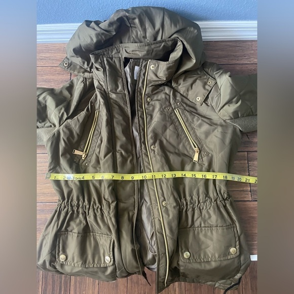 Olive puffer jacket trench coat jacket zip up cargo - Picture 7 of 10